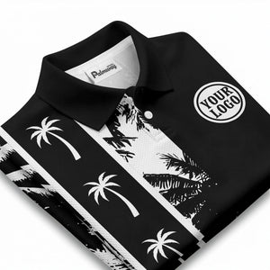 black white palm tree silhouette vertical stripe polo shirt for men