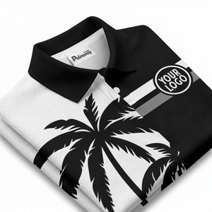 black white palm trees & stripes modern hawaiian polo shirt