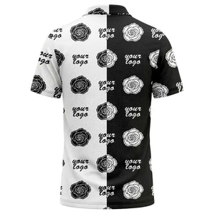 black white rose repeat custom logo monochrome polo shirt