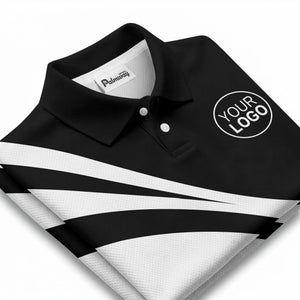 bold diagonal stripes custom logo black white gray modern golf polo shirt