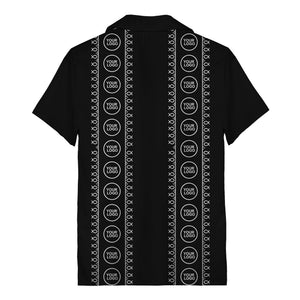 circular logo & fish symbols black hawaiian shirt for men