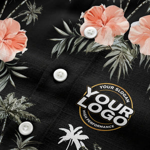coral pink hibiscus & palm trees on black hawaiian shirt for men