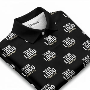 custom logo & text repeat pattern black white gold polo shirt