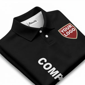 custom shield logo vertical text corporate branded polo shirt