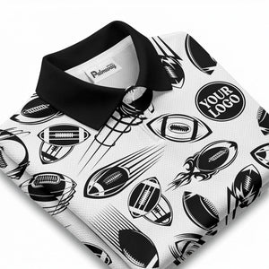 dynamic footballs & speed lines graphic black white sports polo shirt