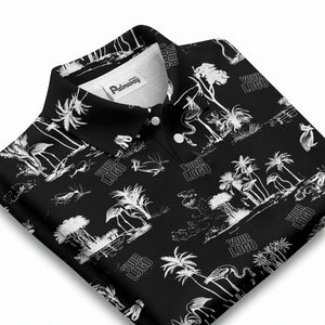 flamingo oasis palm trees sketch pattern black white polo shirt for men