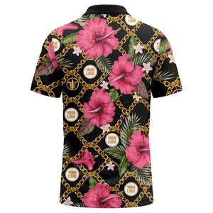gold chain & pink hibiscus luxury illustrated polo shirt for men