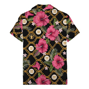 gold chain & pink hibiscus watercolor hawaiian shirt for men