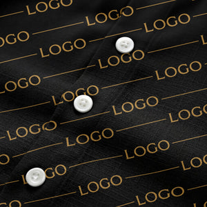 gold diagonal logo repeat pattern on black hawaiian shirt for men
