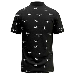 helicopter silhouette repeat pattern custom logo men's aviation polo shirt