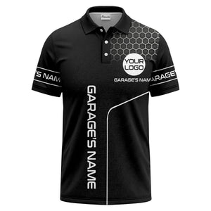 hexagonal grid garage name logo modern automotive polo shirt