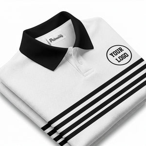 monochrome horizontal stripes & circular logo modern minimalist polo shirt for men