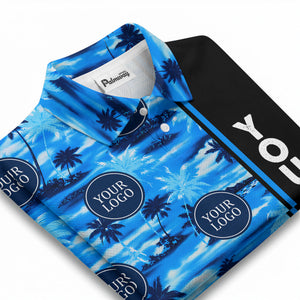 oceanic palm trees & circular logo repeat navy blue tropical beach polo shirt