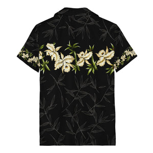 orchid & bamboo photoreal black hawaiian shirt