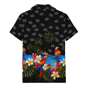 parrot paradise palm trees plumeria beach scene hawaiian shirt
