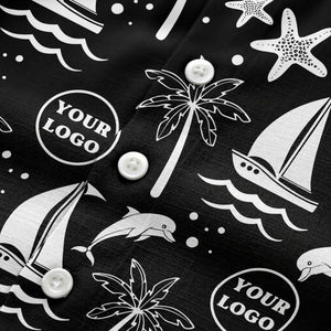 sailboats dolphins palm trees starfish repeat pattern black white hawaiian shirt