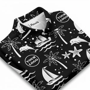 sailboats dolphins palm trees starfish repeat pattern black white polo shirt