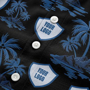 shield logo palm tree island scene navy blue hawaiian shirt for men