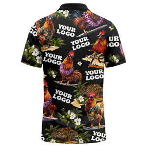 surfing roosters surfboards lei palm trees photorealistic polo shirt