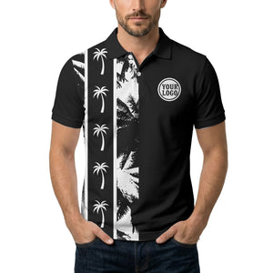 black white palm tree silhouette vertical stripe polo shirt for men