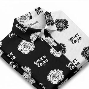 black white rose repeat custom logo monochrome polo shirt