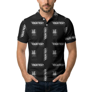 custom logo & text repeat pattern black polo shirt for men