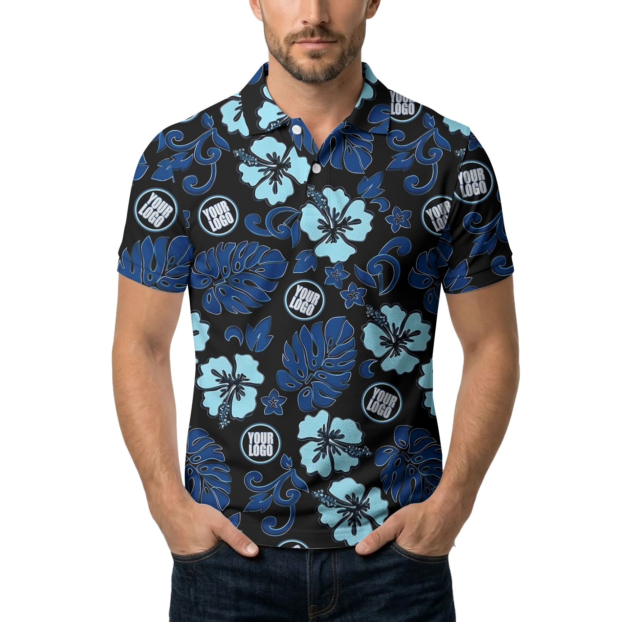 blue tropical floral polo hawaiian shirt