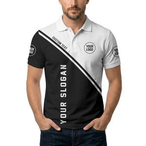 diagonal stripe & custom logo black white polo shirt for men
