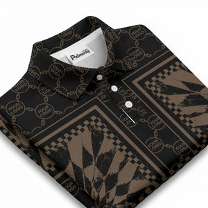 geometric palm leaves checkerboard border polo shirt