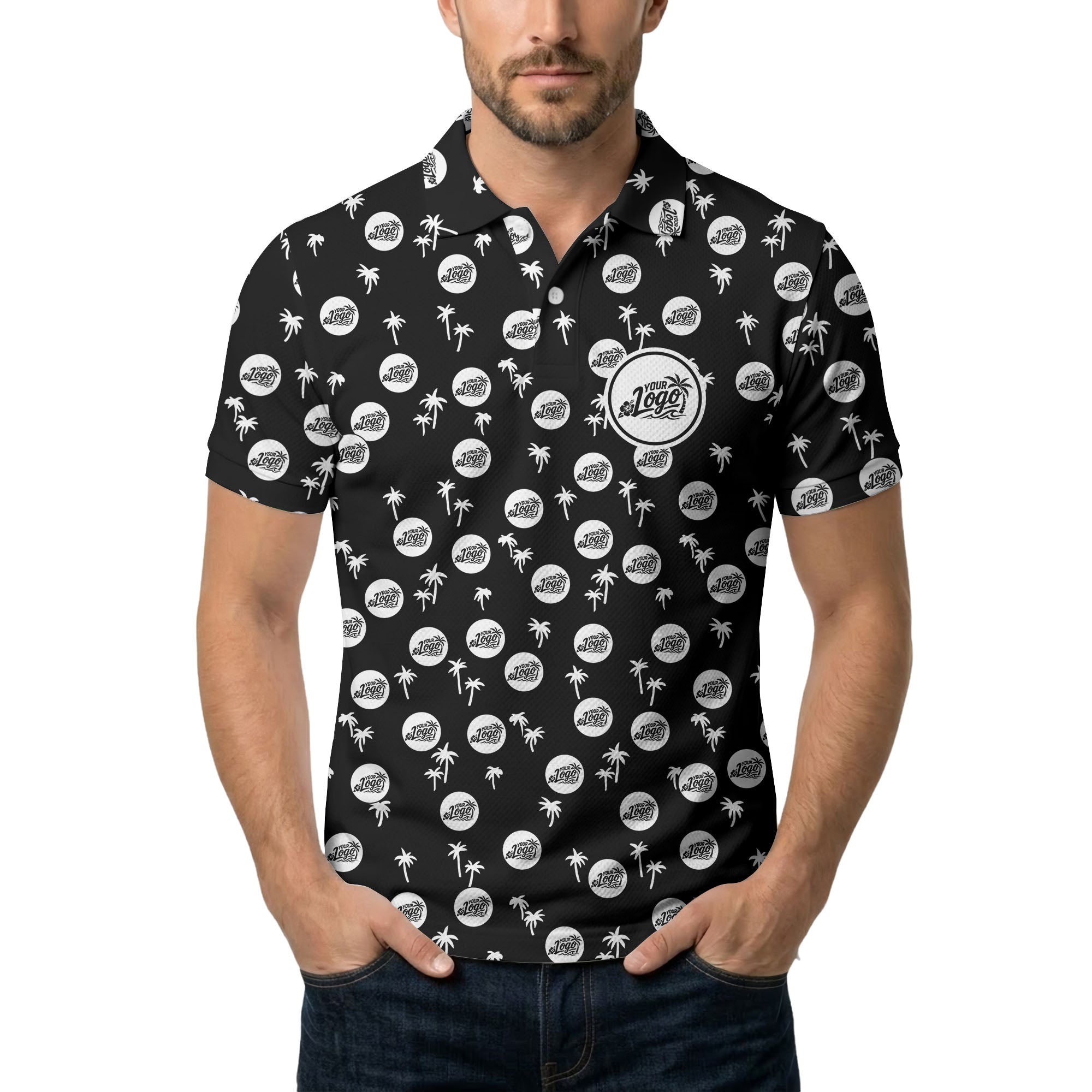 illustrated black tropical palm trees repeating polo shirt for summer beach days