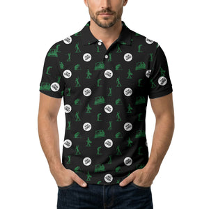 illustrated golfers golf carts repeating on green polo shirt for weekend fairway fun
