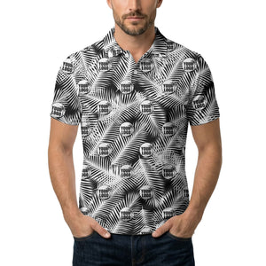 illustrated palm leaf logo repeating tropical polo shirt for men
