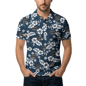 navy blue watercolor hibiscus & custom logo repeat pattern polo shirt