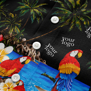 parrot paradise palm trees plumeria beach scene hawaiian shirt