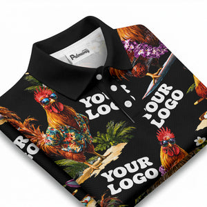 surfing roosters surfboards lei palm trees photorealistic polo shirt