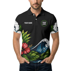 watercolor ocean wave palm leaf hibiscus floral navy blue polo shirt for men