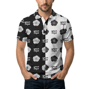 black white rose repeat custom logo monochrome polo shirt
