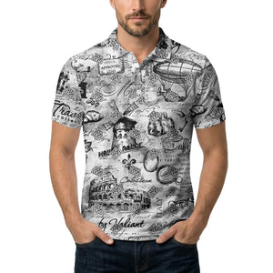 eiffel tower & airship sketched landmark polo shirt for men