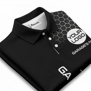 hexagonal grid garage name logo modern automotive polo shirt