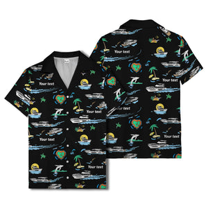 luxury yacht & heart-shaped island cartoon hawaiian shirt