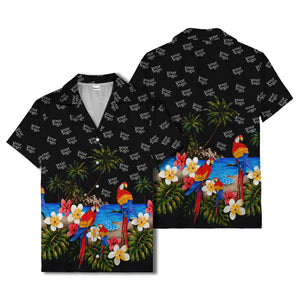 parrot paradise palm trees plumeria beach scene hawaiian shirt