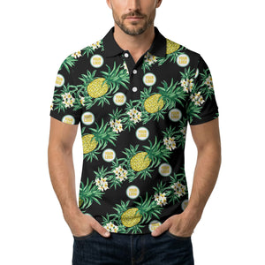 pineapple plumeria repeat pattern black polo shirt for men
