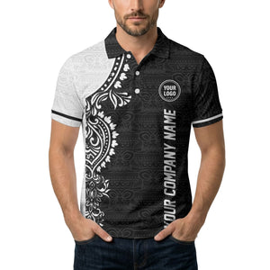 polynesian tribal floral motif black white polo shirt