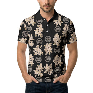 watercolor cherry blossom custom logo repeat polo shirt in black