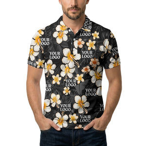 watercolor hibiscus & plumeria black aloha polo shirt for men