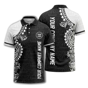 polynesian tribal floral motif black white polo shirt