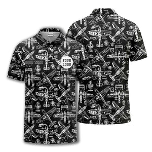 vintage airplane blueprint sketches propeller wings polo shirt for men