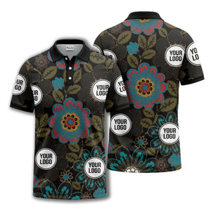 watercolor floral burst and olive leaves polo shirt for men