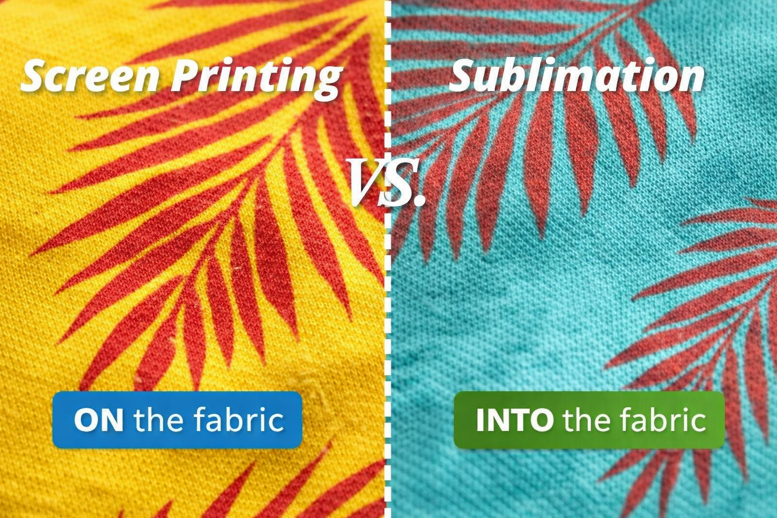 Screen printing vs sublimation comparison showing ink sitting on fabric surface versus dye embedded into polyester fibers