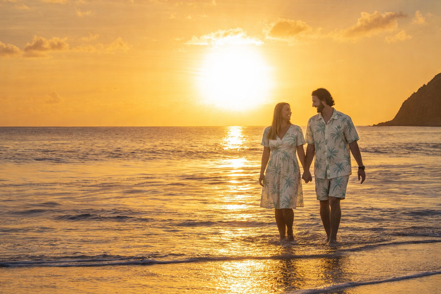 couple wear matching outfits walking in the sunset